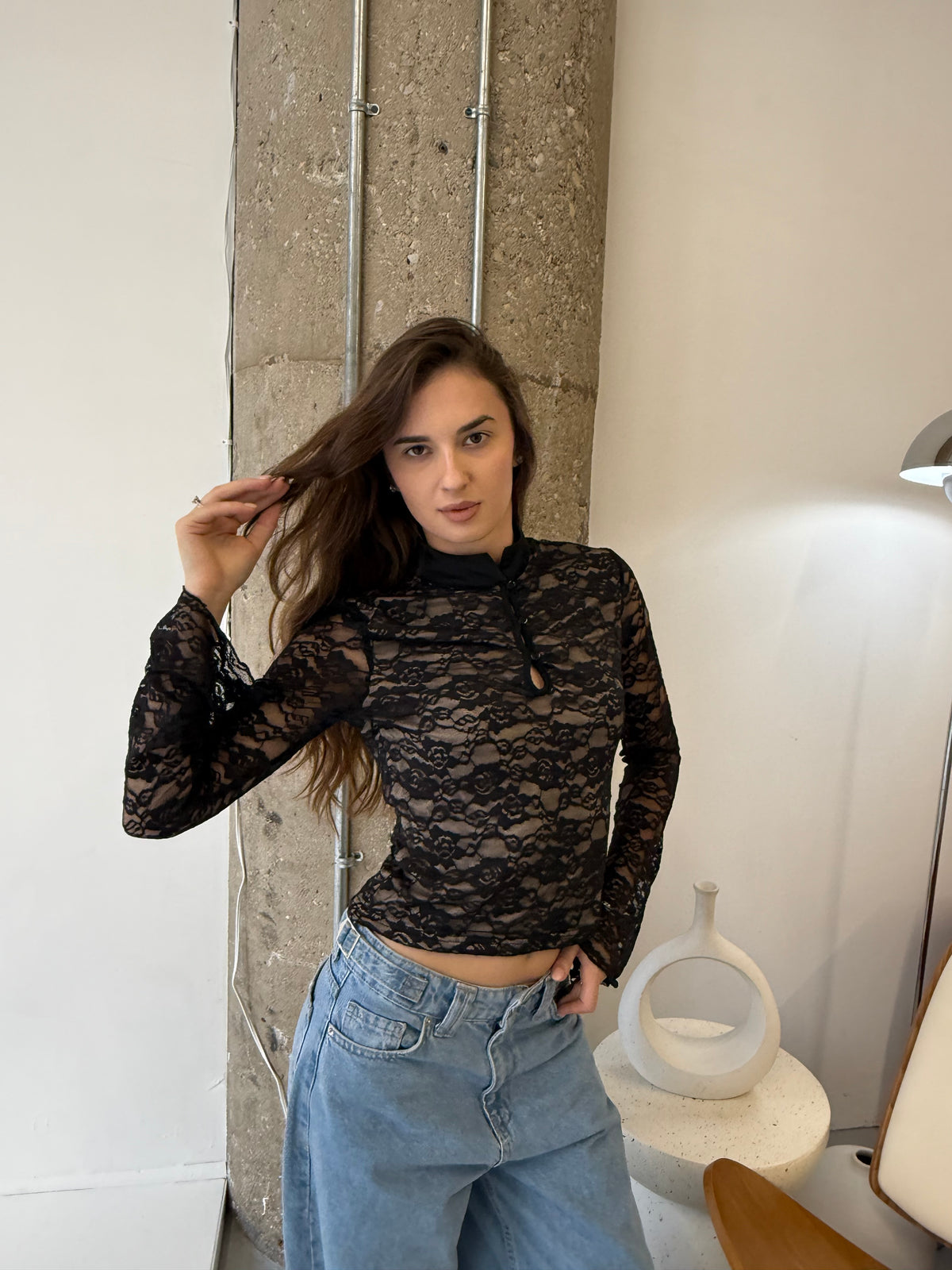 Black Lace Bell Sleeve Top