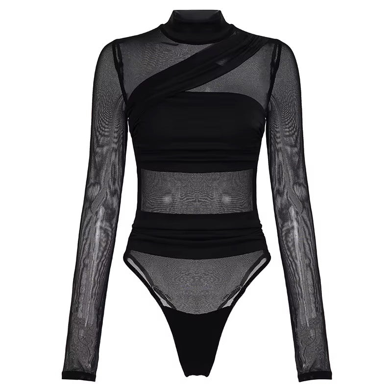 Black Mesh Long Sleeve Bodysuit